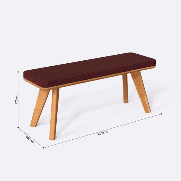 Han Bench 120 x 38 ölçülendirilmiş teknik görünümü, bordo keten döşeme, milimetre cinsinden ölçüler