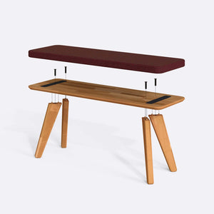 Han Bench 120 x 38 parçalarına ayrılmış montaj görünümü, bordo keten oturum ve masif kayın ayaklar