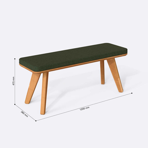 Han Bench 120 x 38 ölçülendirilmiş teknik görünümü, yeşil keten döşeme, milimetre cinsinden ölçüler