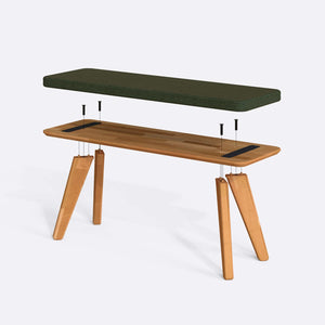 Han Bench 120 x 38 parçalarına ayrılmış montaj görünümü, yeşil keten oturum ve masif kayın ayaklar