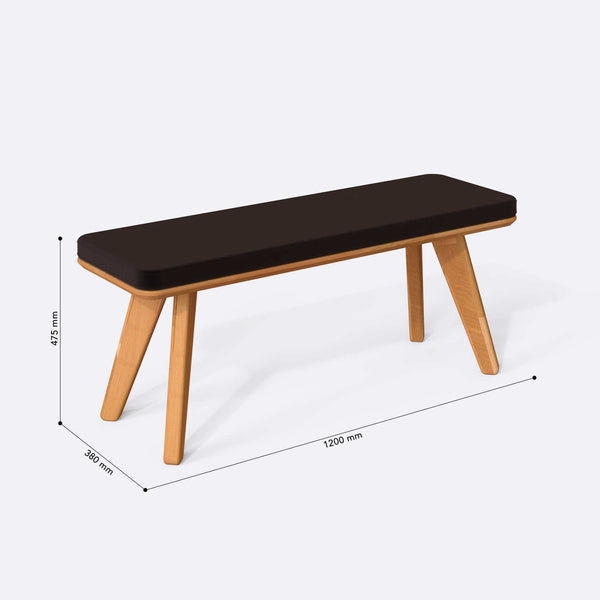 Han Bench 120 x 38 ölçülendirilmiş teknik görünümü, kahve kadife döşeme, milimetre cinsinden ölçüler