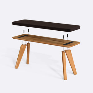 Han Bench 120 x 38 parçalarına ayrılmış montaj görünümü, kahve kadife oturum ve masif kayın ayaklar