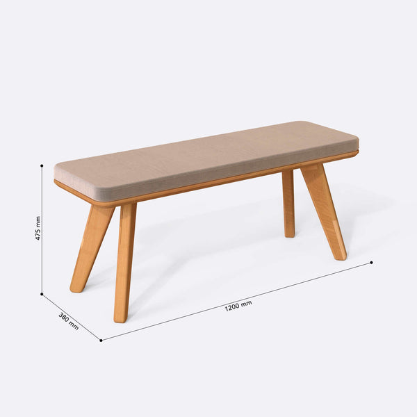 Han Bench 120 x 38 ölçülendirilmiş teknik görünümü, kum kadife döşeme, milimetre cinsinden ölçüler