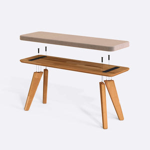 Han Bench 120 x 38 parçalarına ayrılmış montaj görünümü, kum kadife oturum ve masif kayın ayaklar