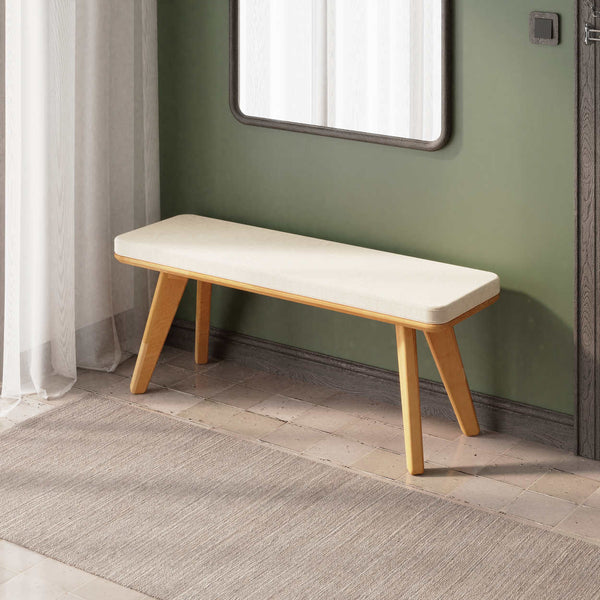 Han Bench 120 x 38, ekru kadife döşeme, masif kayın gövde, ev ortamında kullanım görünümü