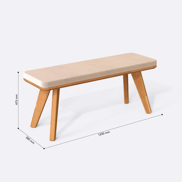Han Bench 120 x 38 ölçülendirilmiş teknik görünümü, ekru kadife döşeme, milimetre cinsinden ölçüler