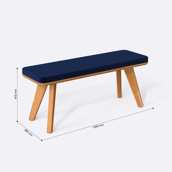 Han Bench 120 x 38 ölçülendirilmiş teknik görünümü, lacivert kadife döşeme, milimetre cinsinden ölçüler