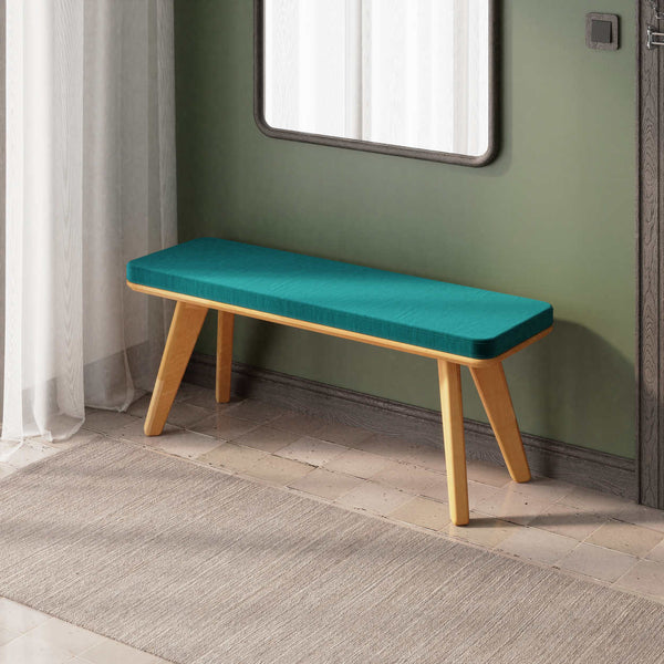 Han Bench 120 x 38, petrol kadife döşeme, masif kayın gövde, ev ortamında kullanım görünümü