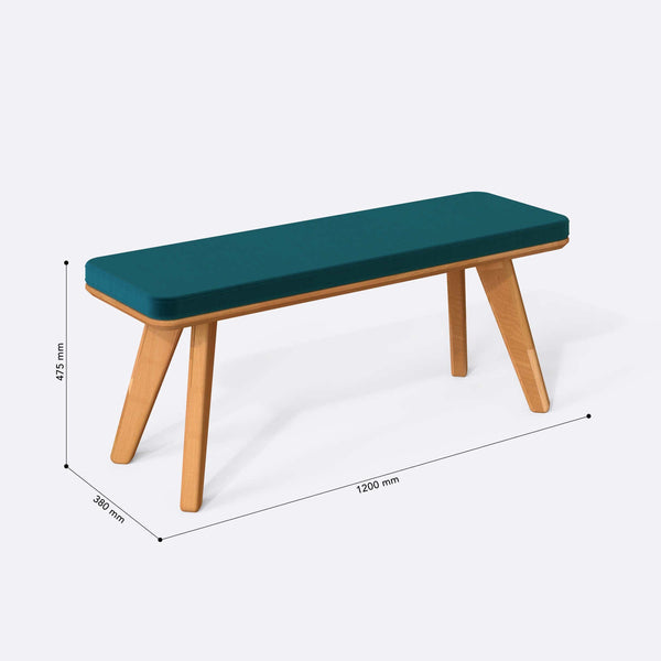 Han Bench 120 x 38 ölçülendirilmiş teknik görünümü, petrol kadife döşeme, milimetre cinsinden ölçüler