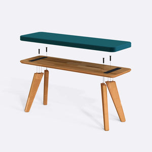 Han Bench 120 x 38 parçalarına ayrılmış montaj görünümü, petrol kadife oturum ve masif kayın ayaklar