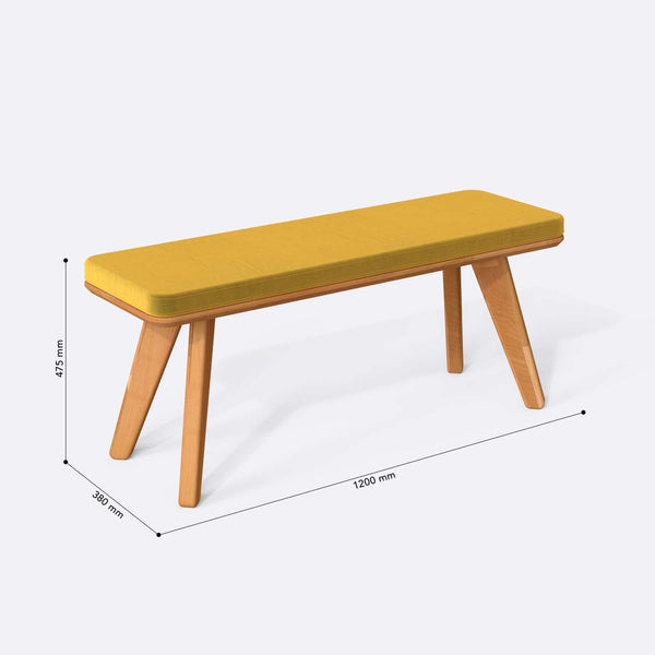 Han Bench 120 x 38 ölçülendirilmiş teknik görünümü, sarı kadife döşeme, milimetre cinsinden ölçüler