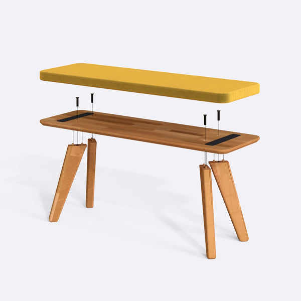 Han Bench 120 x 38 parçalarına ayrılmış montaj görünümü, sarı kadife oturum ve masif kayın ayaklar