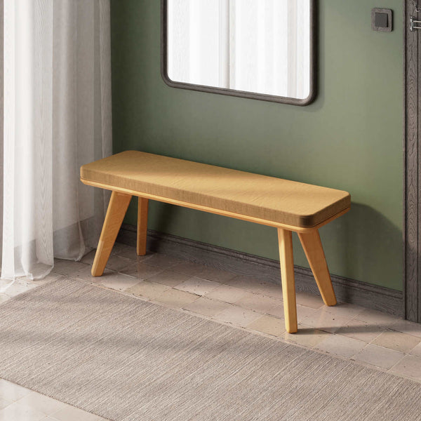 Han Bench 120 x 38, vizon kadife döşeme, masif kayın gövde, ev ortamında kullanım görünümü