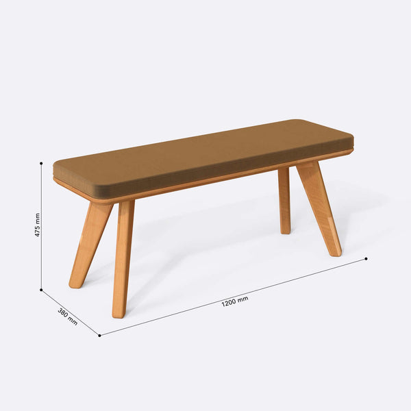 Han Bench 120 x 38 ölçülendirilmiş teknik görünümü, vizon kadife döşeme, milimetre cinsinden ölçüler