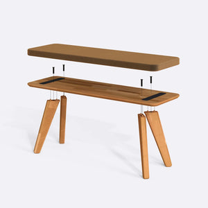 Han Bench 120 x 38 parçalarına ayrılmış montaj görünümü, vizon kadife oturum ve masif kayın ayaklar
