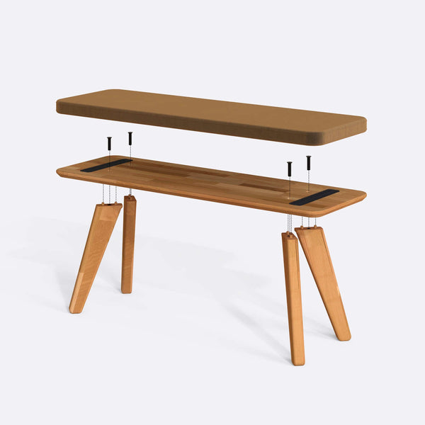 Han Bench 120 x 38 parçalarına ayrılmış montaj görünümü, vizon kadife oturum ve masif kayın ayaklar