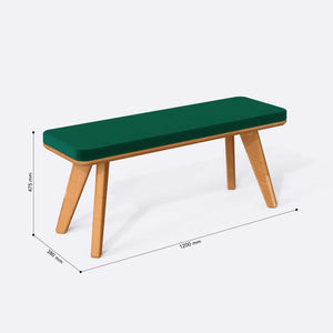 Han Bench 120 x 38 ölçülendirilmiş teknik görünümü, zümrüt kadife döşeme, milimetre cinsinden ölçüler