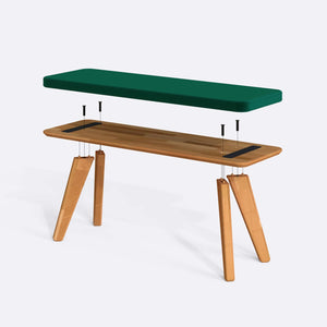 Han Bench 120 x 38 parçalarına ayrılmış montaj görünümü, zümrüt kadife oturum ve masif kayın ayaklar