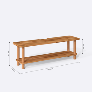 Sora TV Ünitesi 140 x 38 cm ölçülendirilmiş teknik görünümü, milimetre cinsinden genişlik, derinlik ve yükseklik