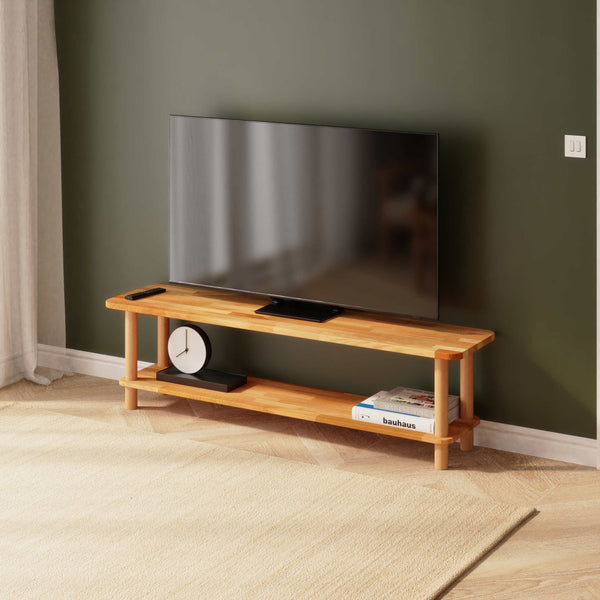 Sora TV Ünitesi 160 x 38 cm, %100 masif kayın, doğal ahşap dokusu, ev ortamında kullanım görünümü