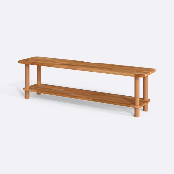 Sora TV Ünitesi 160 x 38 cm, %100 masif kayın, doğal ahşap dokusu, beyaz zeminde üç çeyrek açıdan stüdyo çekimi