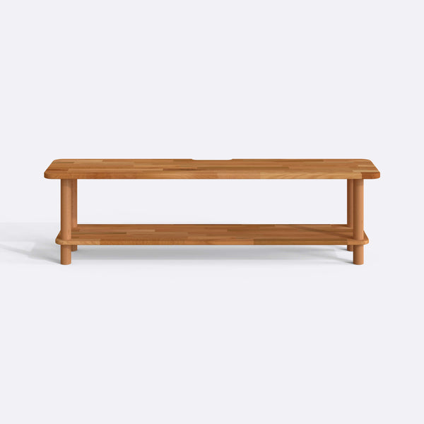 Sora TV Ünitesi 160 x 38 cm, %100 masif kayın, doğal ahşap dokusu, beyaz zeminde önden stüdyo çekimi