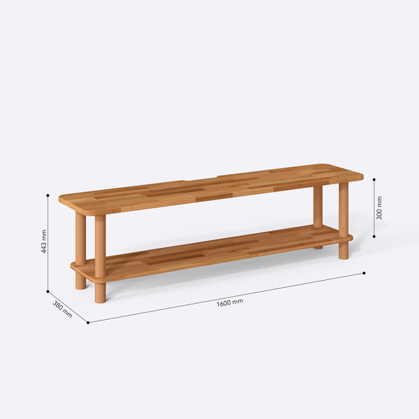Sora TV Ünitesi 160 x 38 cm ölçülendirilmiş teknik görünümü, milimetre cinsinden genişlik, derinlik ve yükseklik