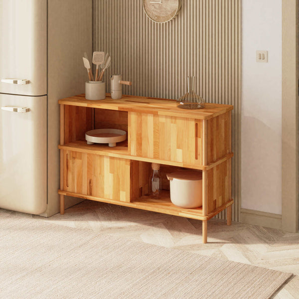 Shava Büfe 120 x 45 cm, %100 masif kayın, doğal ahşap dokusu, döşenmiş oda ortamında kullanım görünümü