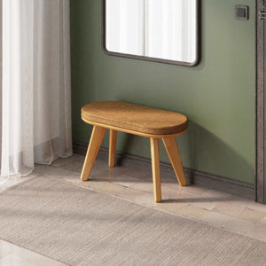 Yase Bench 80 x 38 cm, badem keten döşeme, masif kayın gövde, döşenmiş ev ortamında kullanım görünümü