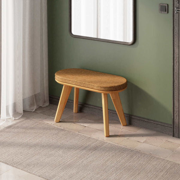 Yase Bench 80 x 38 cm, badem keten döşeme, masif kayın gövde, döşenmiş ev ortamında kullanım görünümü