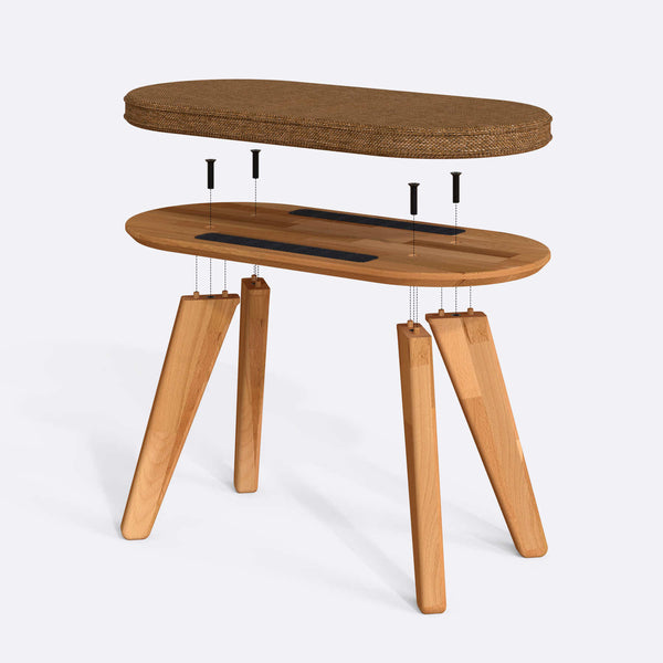 Yase Bench 80 x 38 cm parçalarına ayrılmış montaj görünümü, badem keten oturum ve masif kayın ayaklar