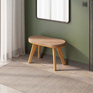 Yase Bench 80 x 38 cm, kahve keten döşeme, masif kayın gövde, döşenmiş ev ortamında kullanım görünümü