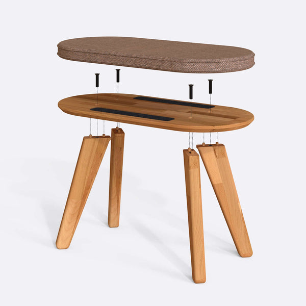 Yase Bench 80 x 38 cm parçalarına ayrılmış montaj görünümü, kahve keten oturum ve masif kayın ayaklar