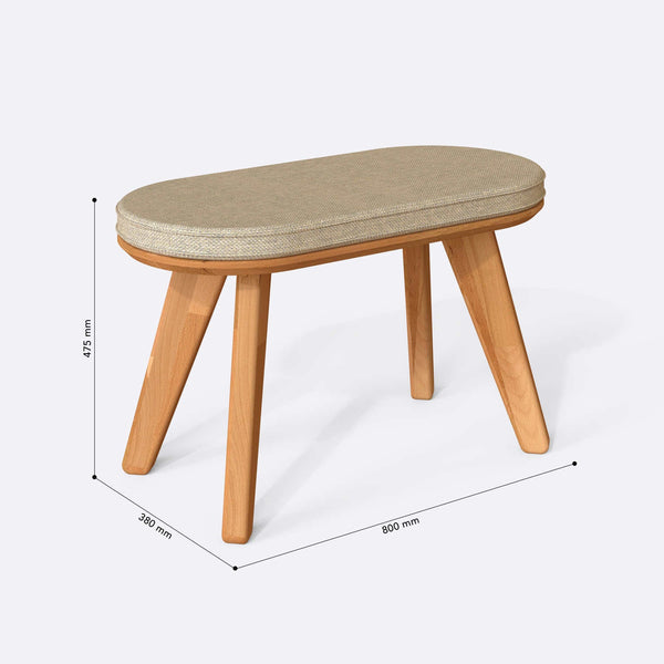 Yase Bench 80 x 38 cm ölçülendirilmiş teknik görünümü, kum keten döşeme, milimetre cinsinden ölçüler