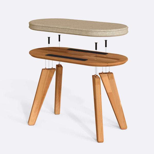 Yase Bench 80 x 38 cm parçalarına ayrılmış montaj görünümü, kum keten oturum ve masif kayın ayaklar