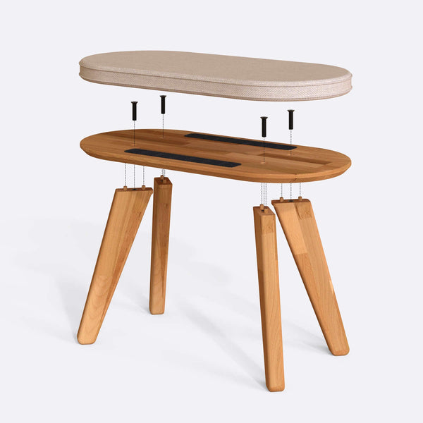 Yase Bench 80 x 38 cm parçalarına ayrılmış montaj görünümü, ekru keten oturum ve masif kayın ayaklar