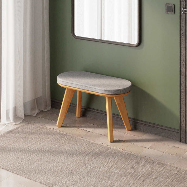 Yase Bench 80 x 38 cm, gri keten döşeme, masif kayın gövde, döşenmiş ev ortamında kullanım görünümü
