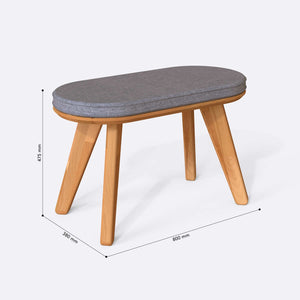 Yase Bench 80 x 38 cm ölçülendirilmiş teknik görünümü, gri keten döşeme, milimetre cinsinden ölçüler