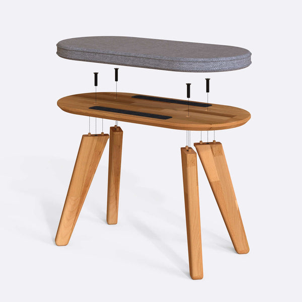 Yase Bench 80 x 38 cm parçalarına ayrılmış montaj görünümü, gri keten oturum ve masif kayın ayaklar