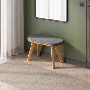 Yase Bench 80 x 38 cm, kül keten döşeme, masif kayın gövde, döşenmiş ev ortamında kullanım görünümü