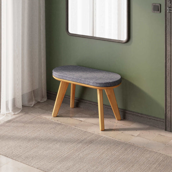 Yase Bench 80 x 38 cm, kül keten döşeme, masif kayın gövde, döşenmiş ev ortamında kullanım görünümü