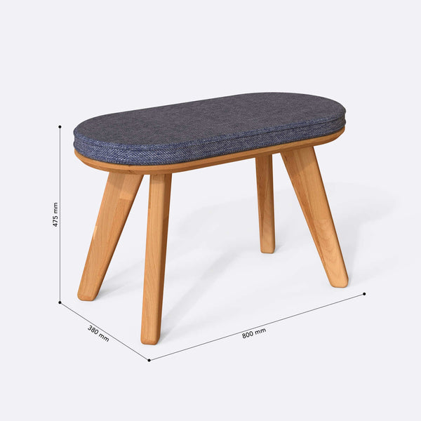 Yase Bench 80 x 38 cm ölçülendirilmiş teknik görünümü, kül keten döşeme, milimetre cinsinden ölçüler