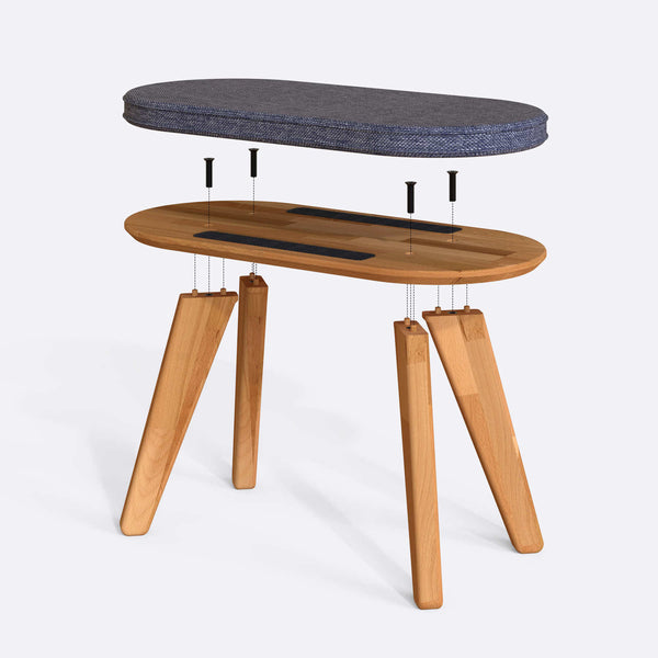 Yase Bench 80 x 38 cm parçalarına ayrılmış montaj görünümü, kül keten oturum ve masif kayın ayaklar