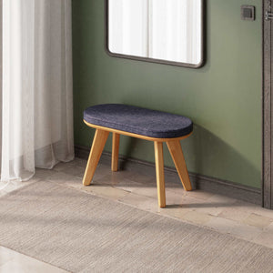 Yase Bench 80 x 38 cm, lacivert keten döşeme, masif kayın gövde, döşenmiş ev ortamında kullanım görünümü