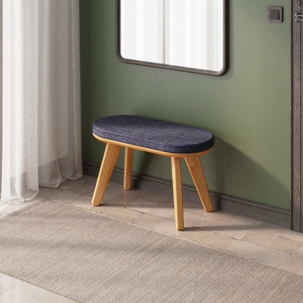 Yase Bench 80 x 38 cm, lacivert keten döşeme, masif kayın gövde, döşenmiş ev ortamında kullanım görünümü