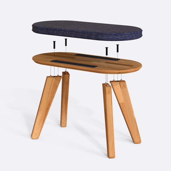 Yase Bench 80 x 38 cm parçalarına ayrılmış montaj görünümü, lacivert keten oturum ve masif kayın ayaklar
