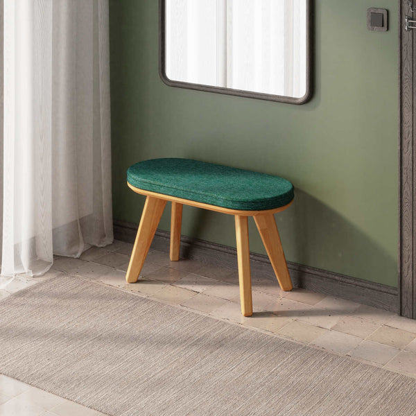 Yase Bench, masif kayın gövde ve kumaş döşeme, 80 cm genişliğinde, ev ortamında kullanım görünümü