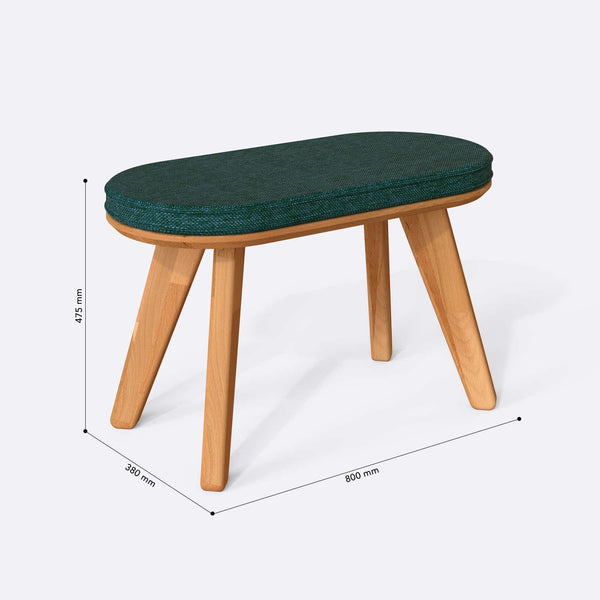 Yase Bench 80 x 38 cm ölçülendirilmiş teknik görünümü, petrol keten döşeme, milimetre cinsinden ölçüler