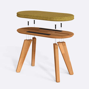 Yase Bench 80 x 38 cm parçalarına ayrılmış montaj görünümü, sarı keten oturum ve masif kayın ayaklar