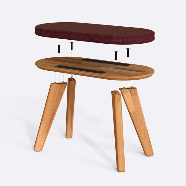Yase Bench 80 x 38 cm parçalarına ayrılmış montaj görünümü, bordo keten oturum ve masif kayın ayaklar